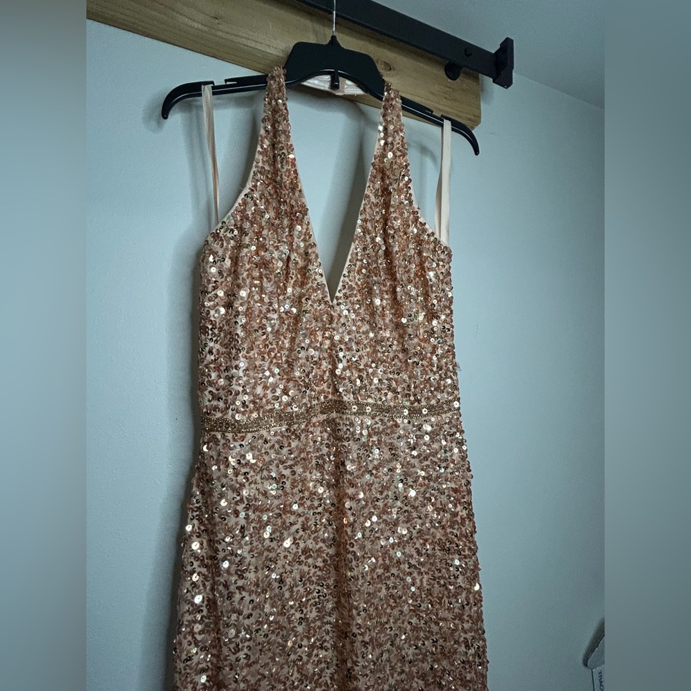 Mac Duggal Rose Gold Sequin Halter Evening Gown - Picture 3 of 9